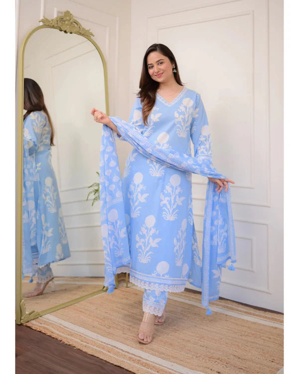 Floral Print Cotton V-Neck Kurta Set with Lace Borders & Matching Dupatta – 3 Piece Suit