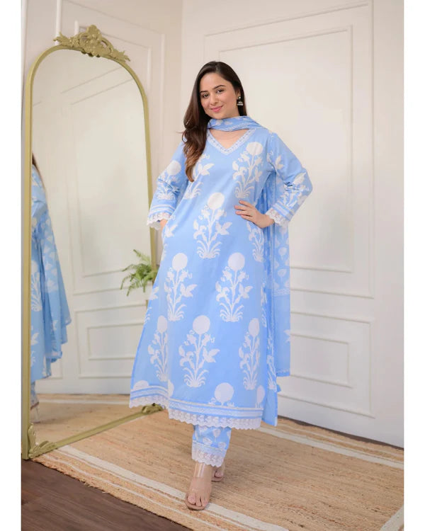Floral Print Cotton V-Neck Kurta Set with Lace Borders & Matching Dupatta – 3 Piece Suit