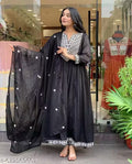 Black Rayon Embroidered Anarkali Kurta Set with Organza Dupatta and Pants – 3 Piece Suit