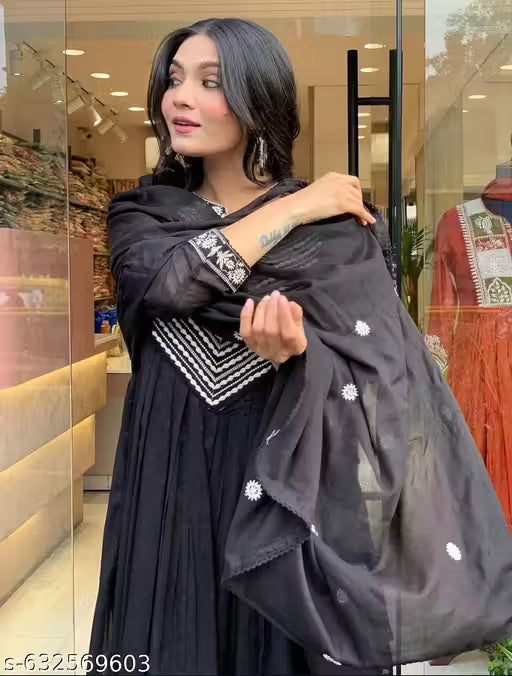 Black Rayon Embroidered Anarkali Kurta Set with Organza Dupatta and Pants – 3 Piece Suit